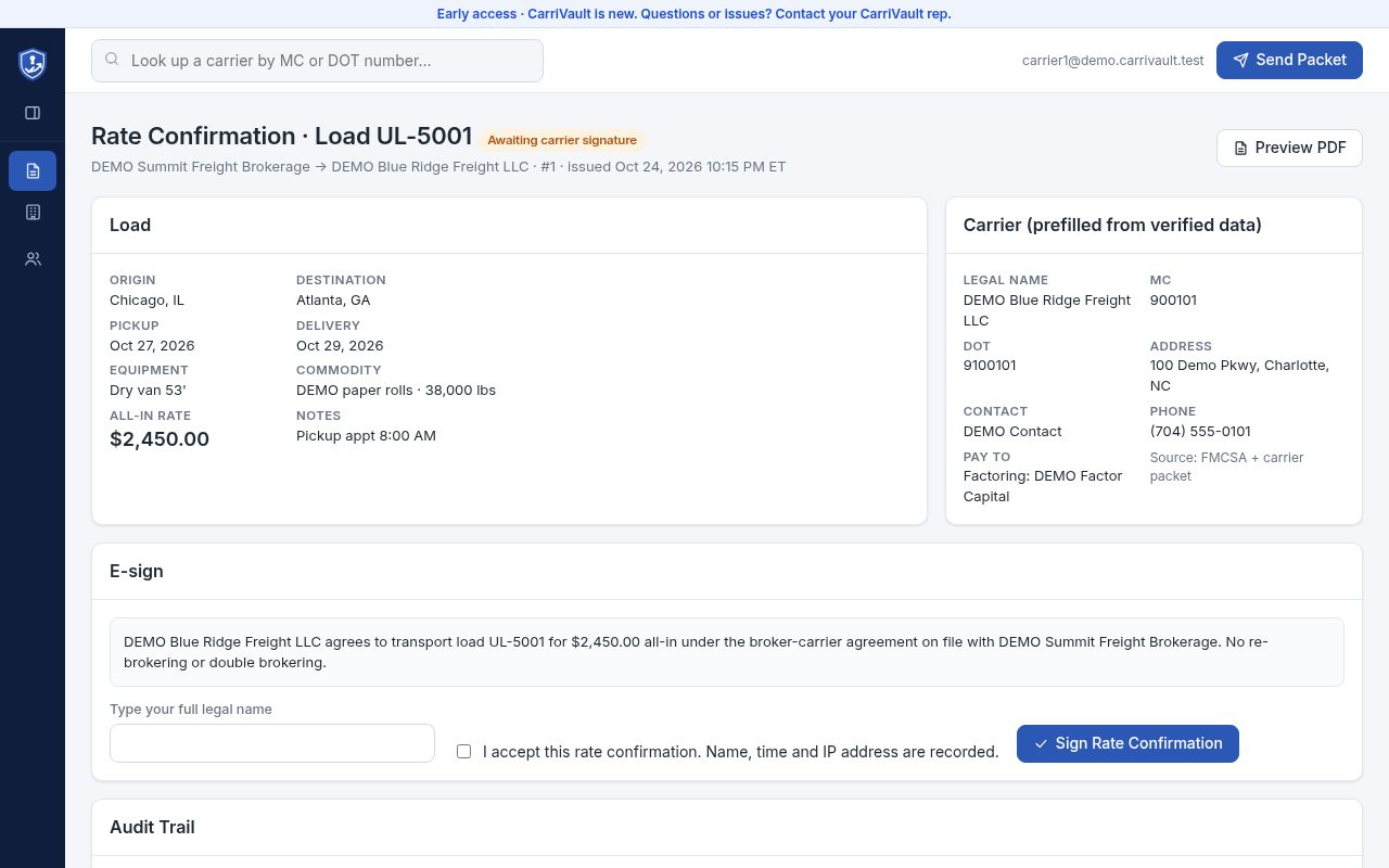Carrier reviewing a rate confirmation before e-signing